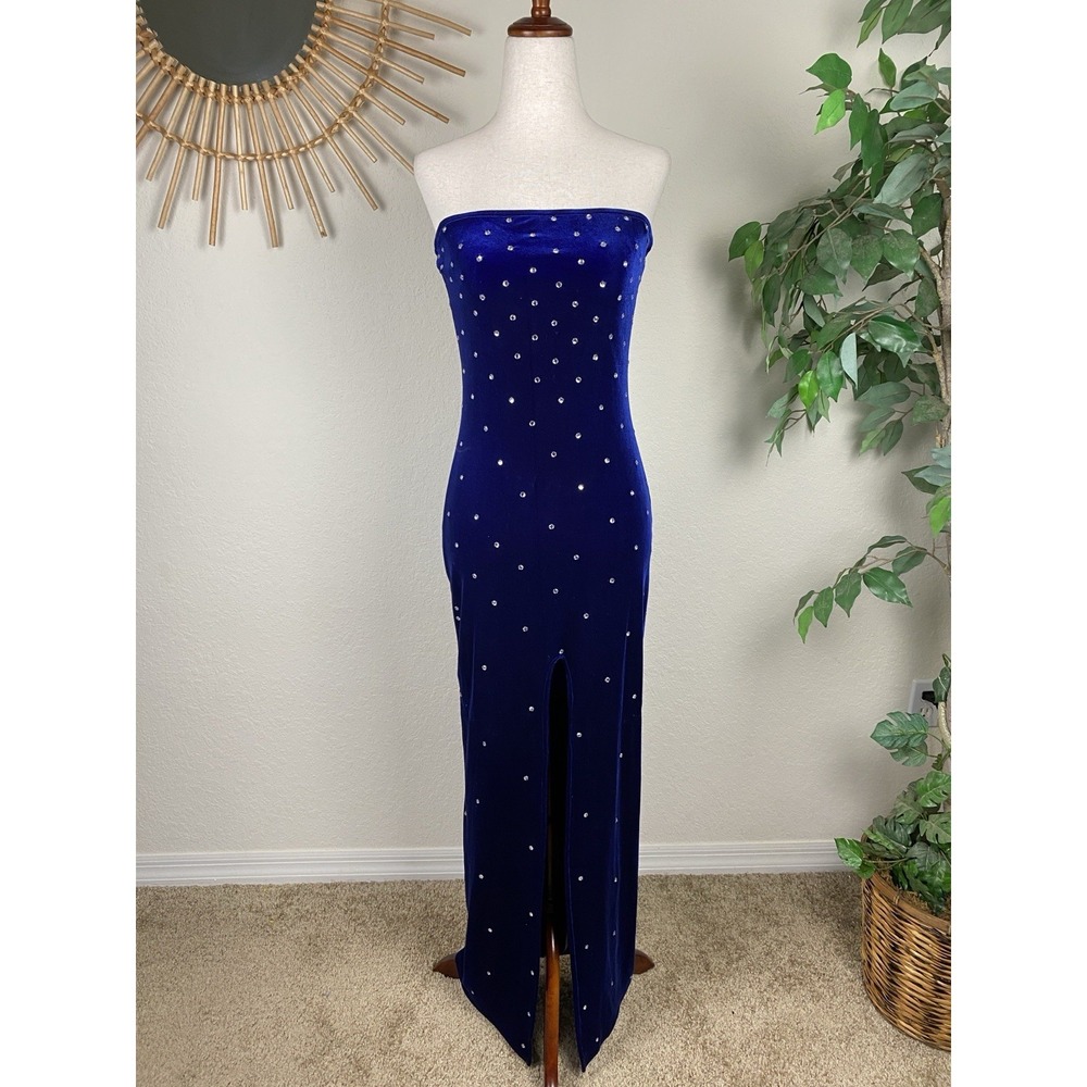 Vtg Y2K Size M Velvet Strapless Maxi Gown Rhinestone Stud Glam Whimsigoth Blue